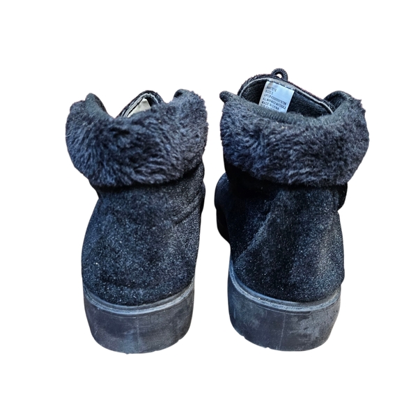 Stylish Black Velvet Girl's Lace Up Combat Boots Faux Fur Tops Size 3 - Picture 4 of 7